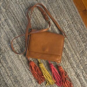 INC International Concepts Tan Crossbody Bag with Colorful Tassels